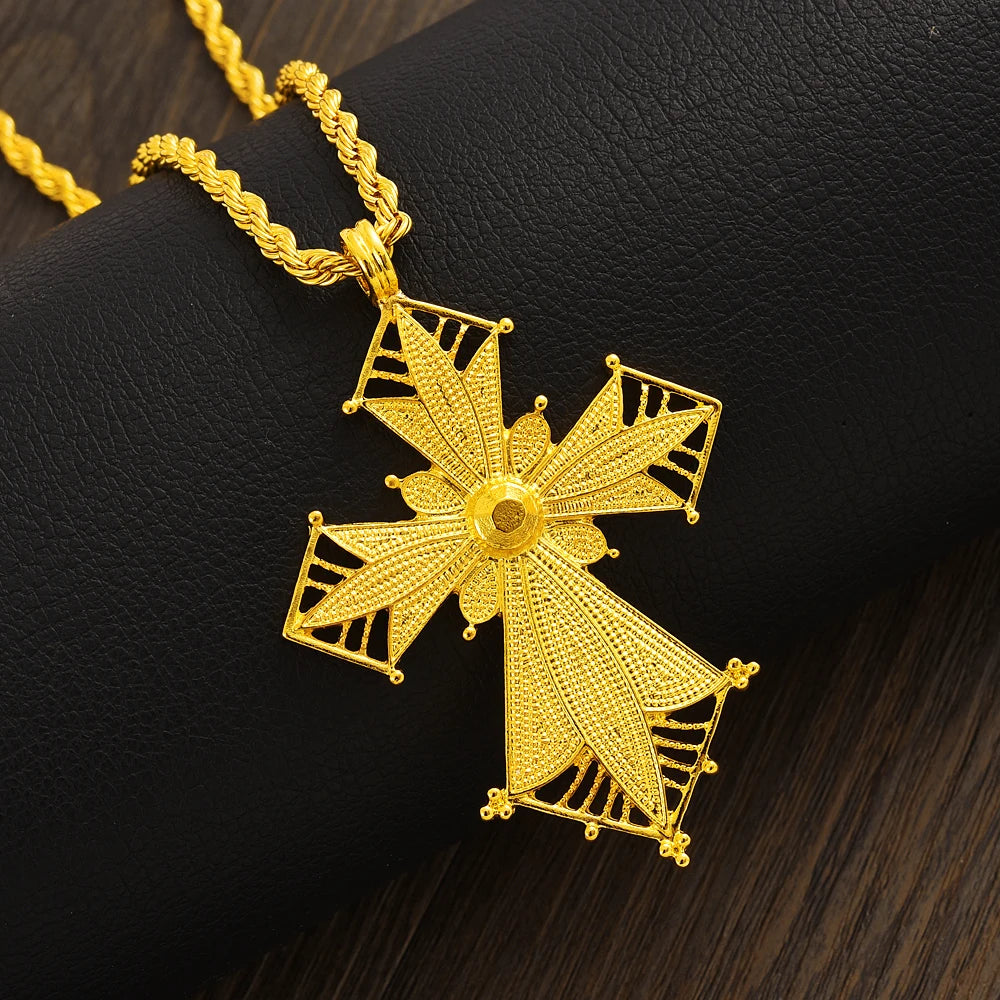 Ethiopian Cross Pendant 80cm Twisted Chain for Man,African Wedding Party Gold Color Eritrea Jewelry Cross Gift