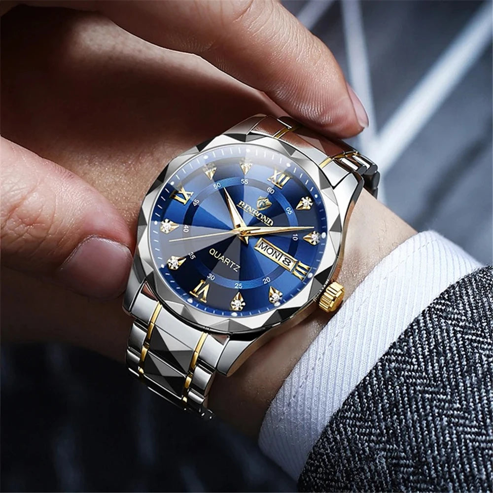 New Gold Business Leather Casual Diamond Clock Men Luxury Watch Automatic Watches Mens Fashion Quartz Wristwatches Orologi Uomo