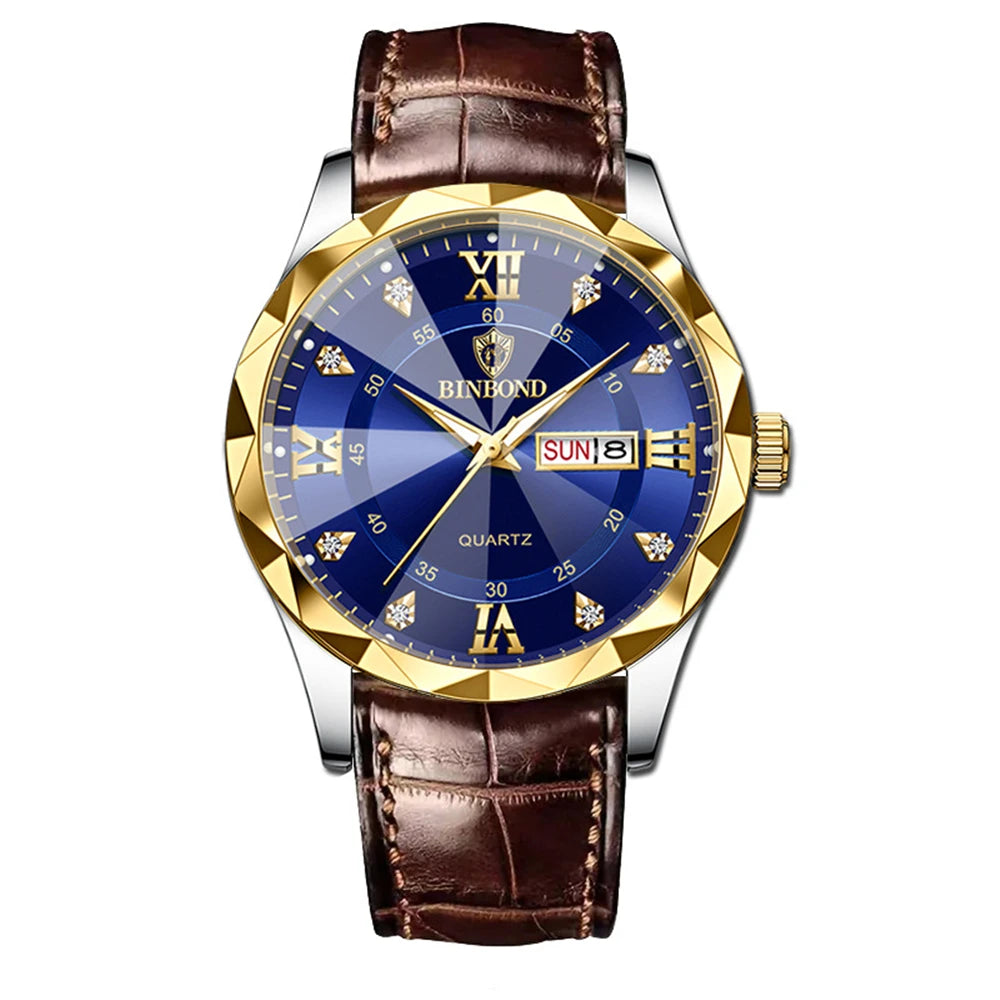 New Gold Business Leather Casual Diamond Clock Men Luxury Watch Automatic Watches Mens Fashion Quartz Wristwatches Orologi Uomo