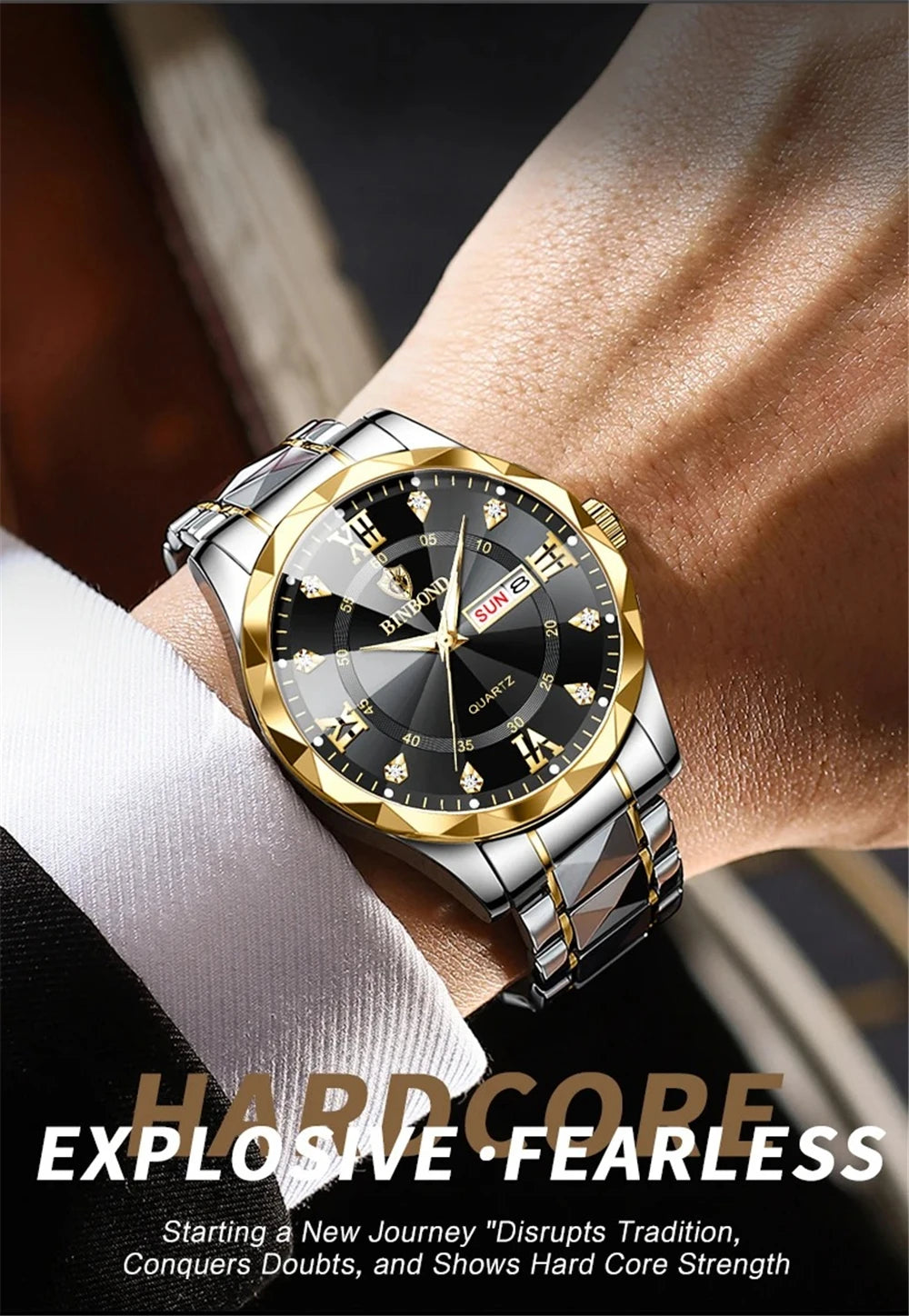 New Gold Business Leather Casual Diamond Clock Men Luxury Watch Automatic Watches Mens Fashion Quartz Wristwatches Orologi Uomo