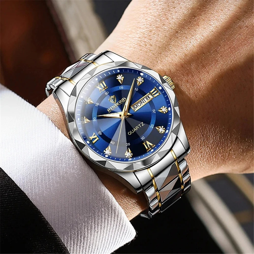 New Gold Business Leather Casual Diamond Clock Men Luxury Watch Automatic Watches Mens Fashion Quartz Wristwatches Orologi Uomo