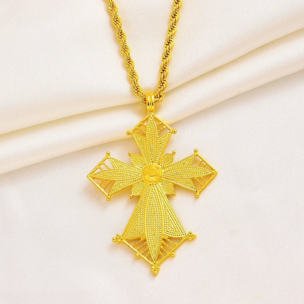 Ethiopian Cross Pendant 80cm Twisted Chain for Man,African Wedding Party Gold Color Eritrea Jewelry Cross Gift