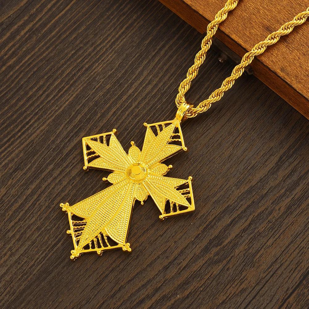 Ethiopian Cross Pendant 80cm Twisted Chain for Man,African Wedding Party Gold Color Eritrea Jewelry Cross Gift