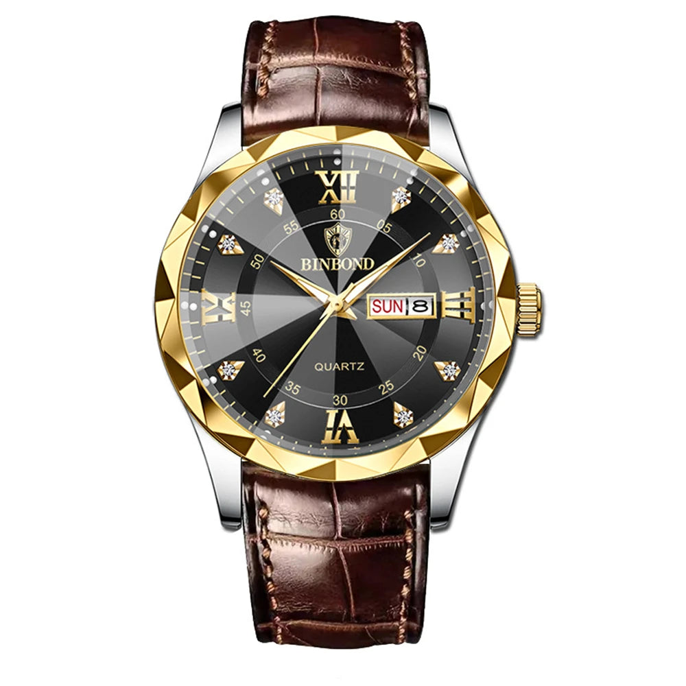 New Gold Business Leather Casual Diamond Clock Men Luxury Watch Automatic Watches Mens Fashion Quartz Wristwatches Orologi Uomo