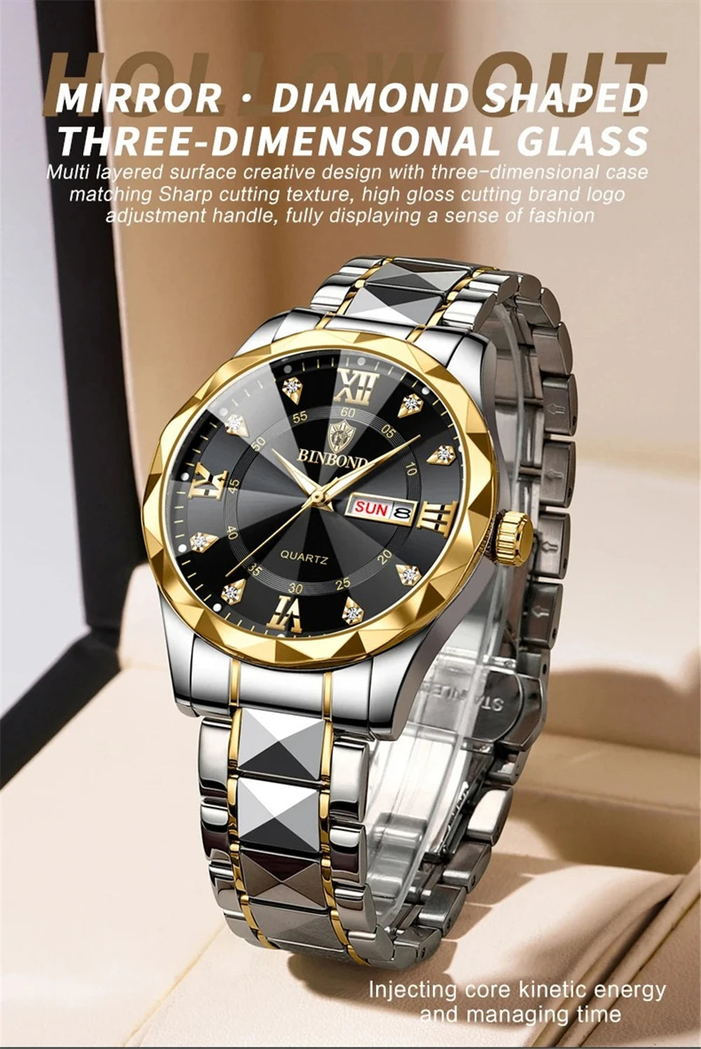 New Gold Business Leather Casual Diamond Clock Men Luxury Watch Automatic Watches Mens Fashion Quartz Wristwatches Orologi Uomo