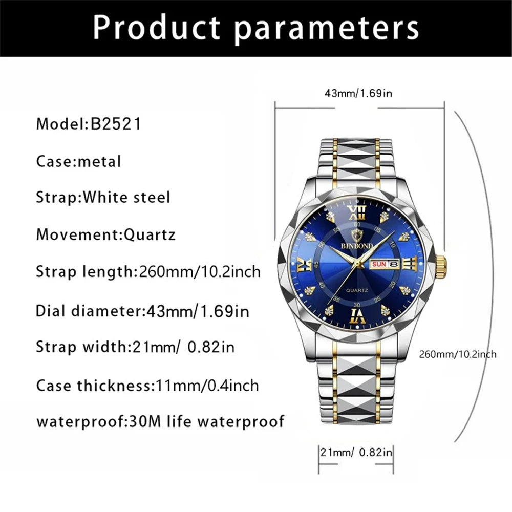 New Gold Business Leather Casual Diamond Clock Men Luxury Watch Automatic Watches Mens Fashion Quartz Wristwatches Orologi Uomo