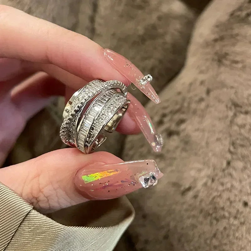 Silver Color Rhinestone Ring Multi-layer Winding Rings for Women Wedding Full Zircon Finger Rings Fashion Jewelry Gifts