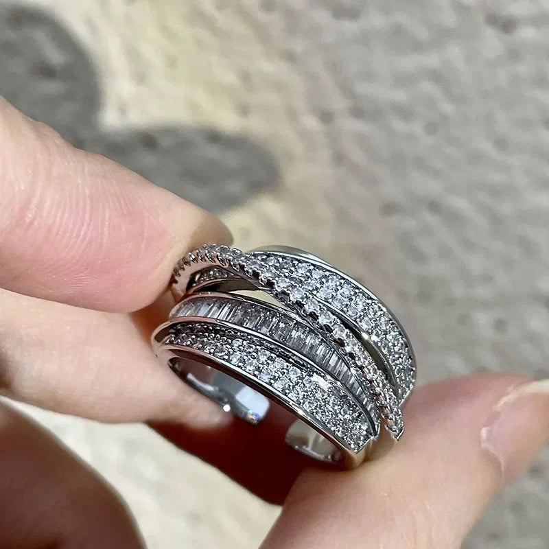 Silver Color Rhinestone Ring Multi-layer Winding Rings for Women Wedding Full Zircon Finger Rings Fashion Jewelry Gifts
