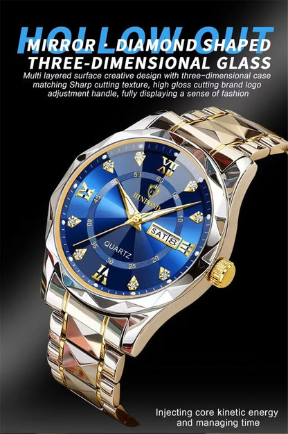 New Gold Business Leather Casual Diamond Clock Men Luxury Watch Automatic Watches Mens Fashion Quartz Wristwatches Orologi Uomo