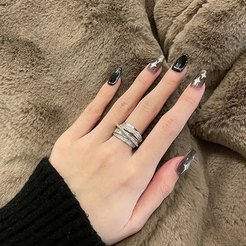 Silver Color Rhinestone Ring Multi-layer Winding Rings for Women Wedding Full Zircon Finger Rings Fashion Jewelry Gifts