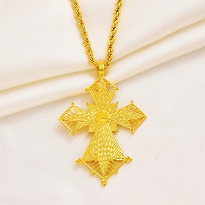 Ethiopian Cross Pendant 80cm Twisted Chain for Man,African Wedding Party Gold Color Eritrea Jewelry Cross Gift