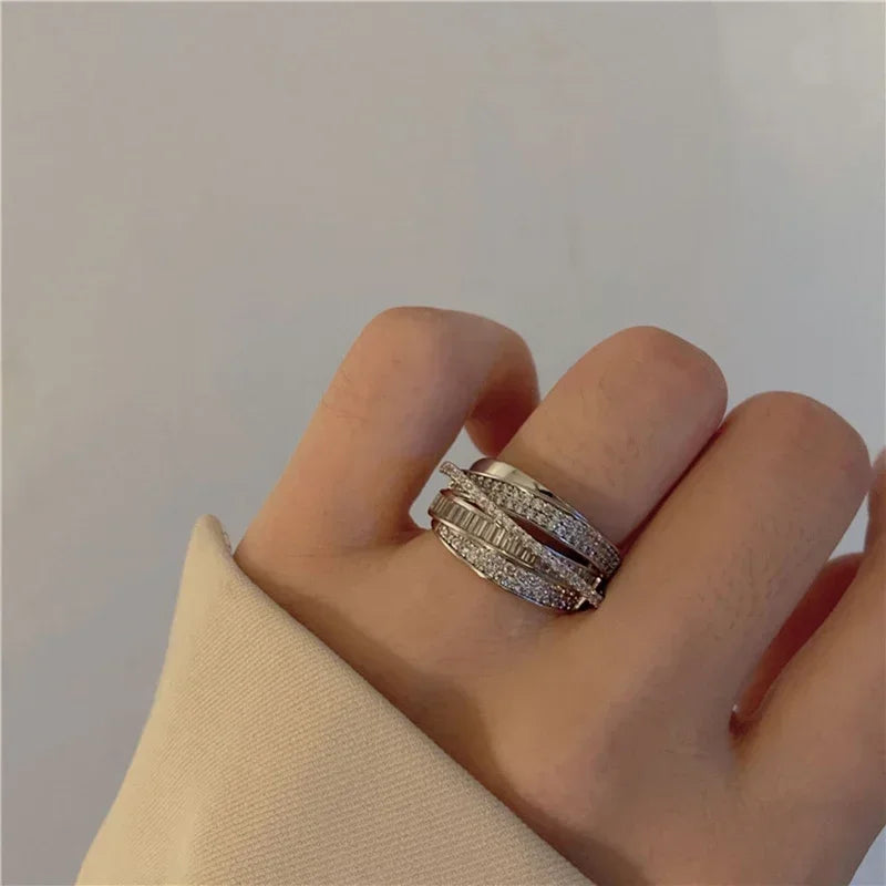Silver Color Rhinestone Ring Multi-layer Winding Rings for Women Wedding Full Zircon Finger Rings Fashion Jewelry Gifts