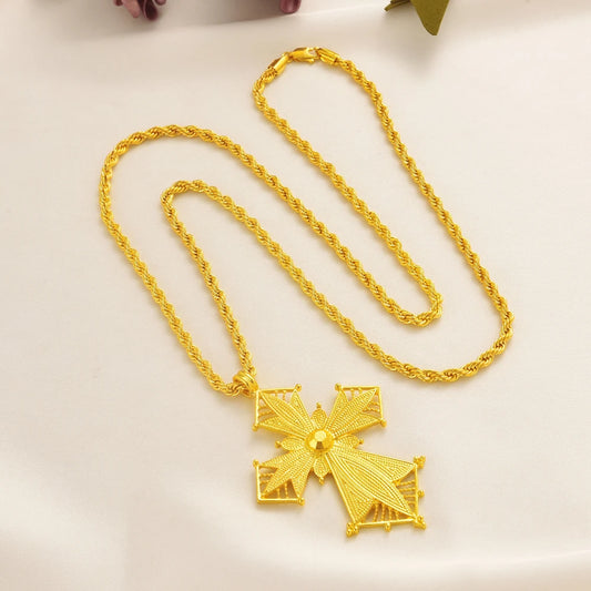 Ethiopian Cross Pendant 80cm Twisted Chain for Man,African Wedding Party Gold Color Eritrea Jewelry Cross Gift