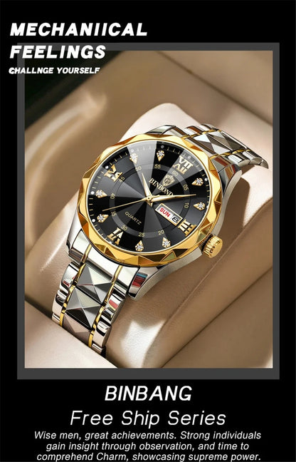 New Gold Business Leather Casual Diamond Clock Men Luxury Watch Automatic Watches Mens Fashion Quartz Wristwatches Orologi Uomo