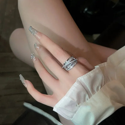 Silver Color Rhinestone Ring Multi-layer Winding Rings for Women Wedding Full Zircon Finger Rings Fashion Jewelry Gifts