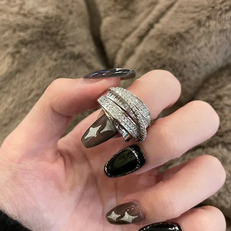 Silver Color Rhinestone Ring Multi-layer Winding Rings for Women Wedding Full Zircon Finger Rings Fashion Jewelry Gifts