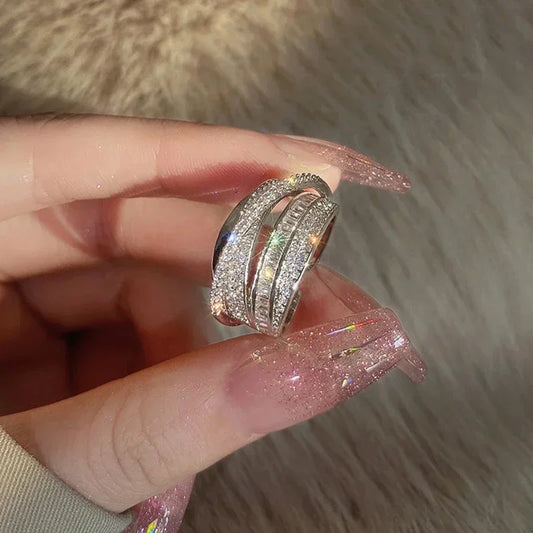 Silver Color Rhinestone Ring Multi-layer Winding Rings for Women Wedding Full Zircon Finger Rings Fashion Jewelry Gifts